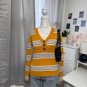 Striped V-Neck Sweater - Mustard and White